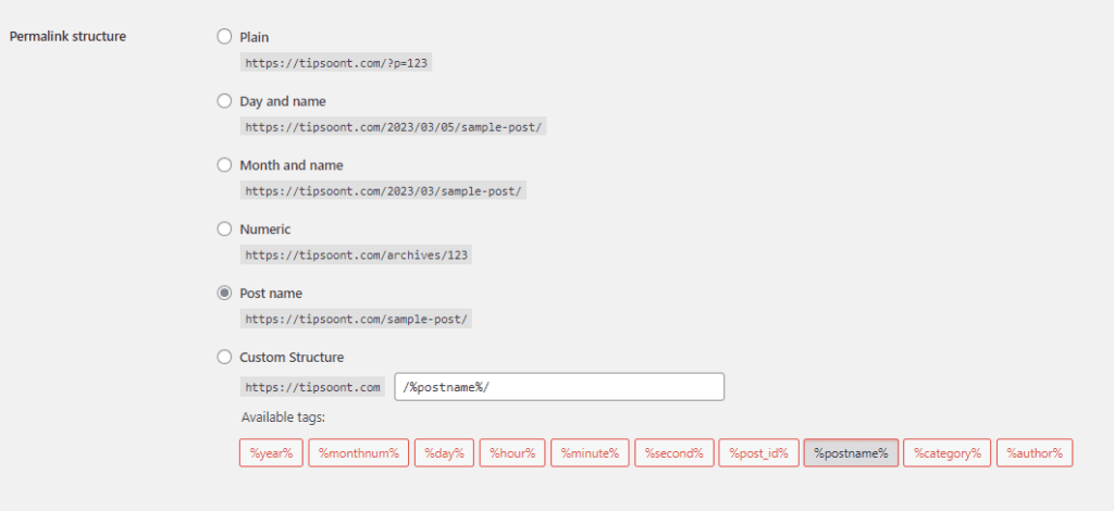 Permalink Structure in WordPress Website dashboard
