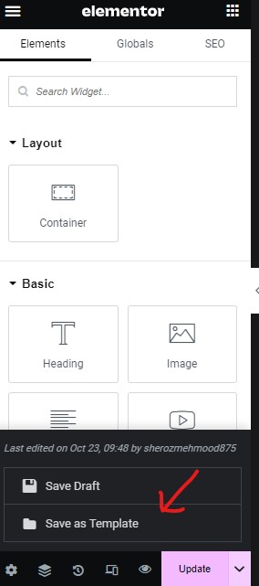 elementor save whole page as template