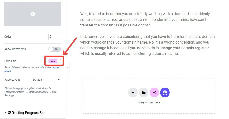 hide title in WordPress elementor Step Step 5: Toggle the "hide title" Option
