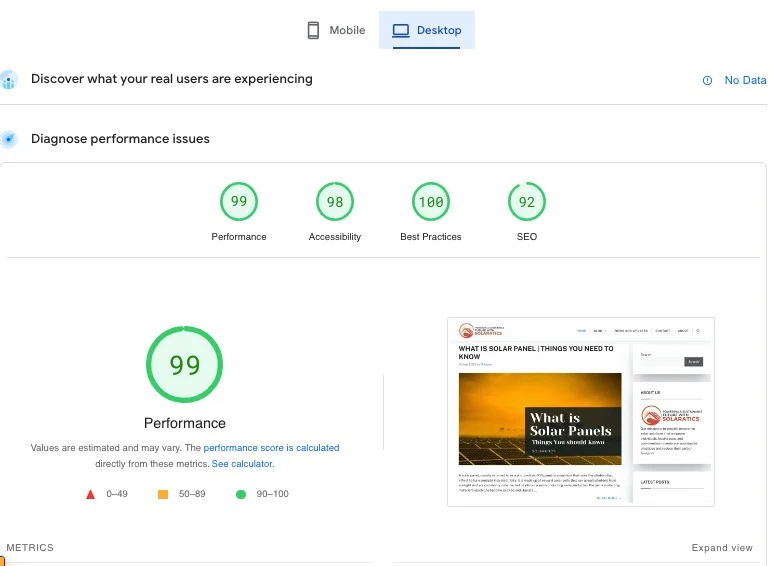 report of website page spped insight